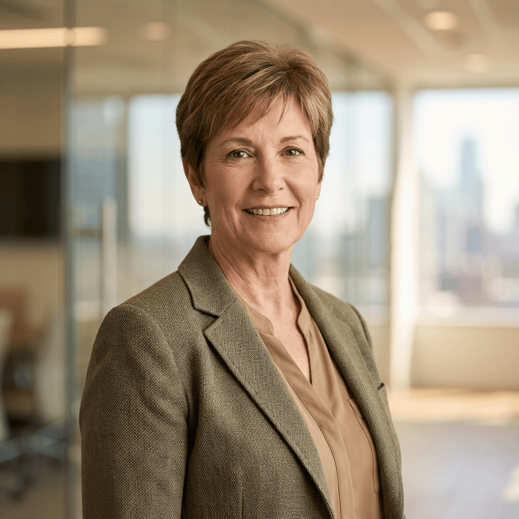 Female finance director in her 50s wearing a professional blazer in a bright office