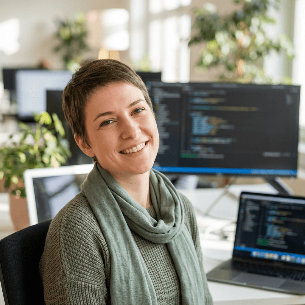 Sarah Bouchard, office manager, in a bright office