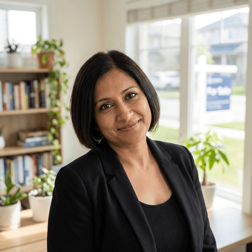 Female administrative assistant in her mid 30s, South Asian, wearing professional attire, smiling in a modern office