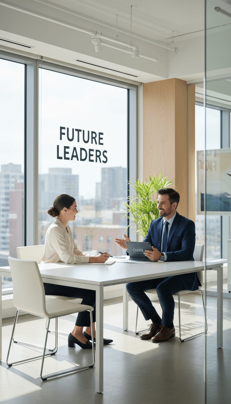 Professional recruiter in a meeting with a candidate at a bright office desk