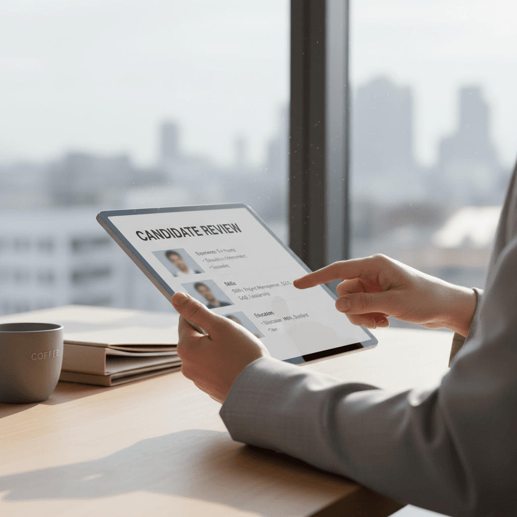 Recruiter reviewing candidate profiles in a modern office