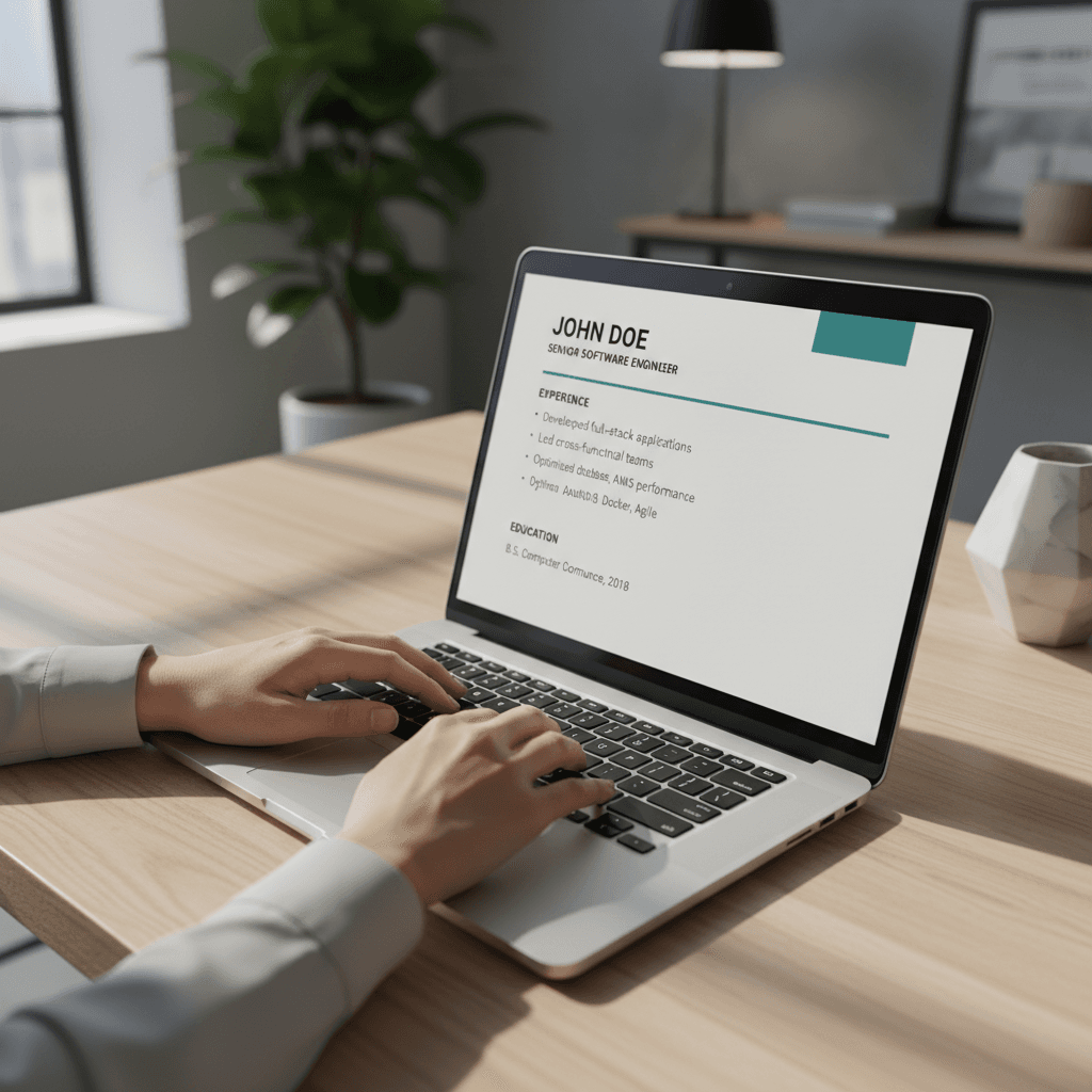 Recruiter reviewing candidate resumes at a desk in a modern office