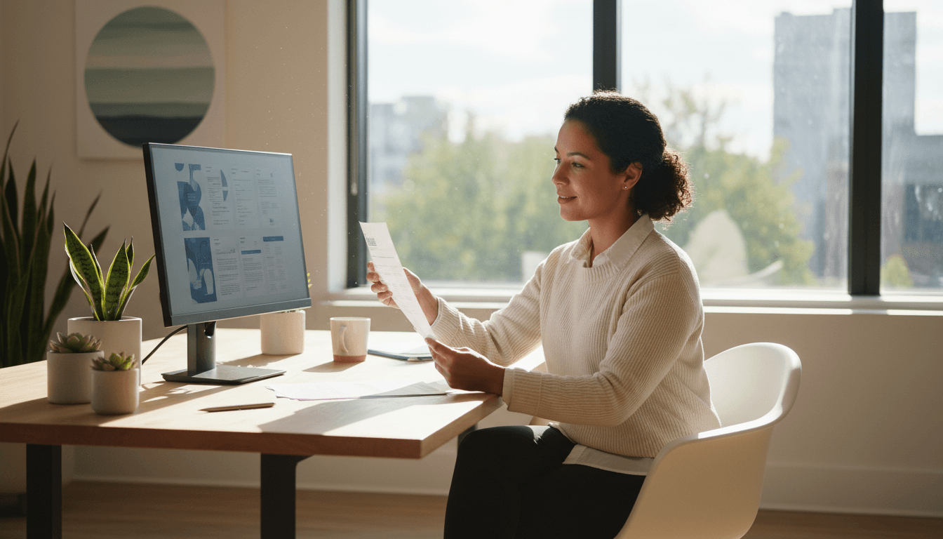 Job seeker reviewing resume at a desk